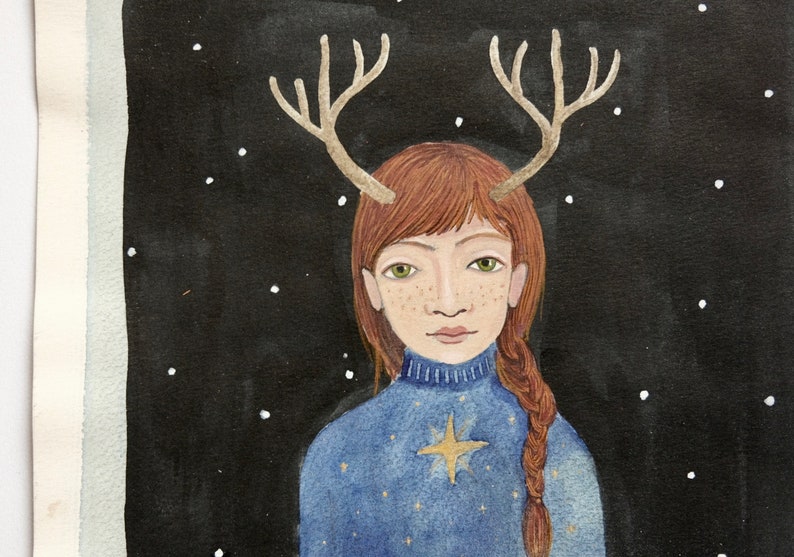 Original gauche and watercolor painting, Christmas sweater, deer deer, redhead, winter image 8