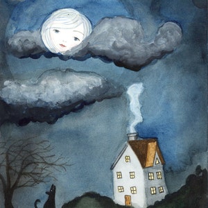Art Print - Watercolor Illustration, Girl Face in the Moon, Moonlight Cloudy Night, Dog Howling, Cozy House,Glum, Moody 5x7