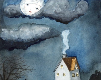 Art Print - Watercolor Illustration, Girl Face in the Moon, Moonlight Cloudy Night, Dog Howling, Cozy House,Glum, Moody 5x7