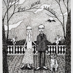 Custom Family Portrait, Ink Hand Drawn Portrait, Family Painting, Family Portrait, edward gorey, pen and ink, black and white 3 people/pets