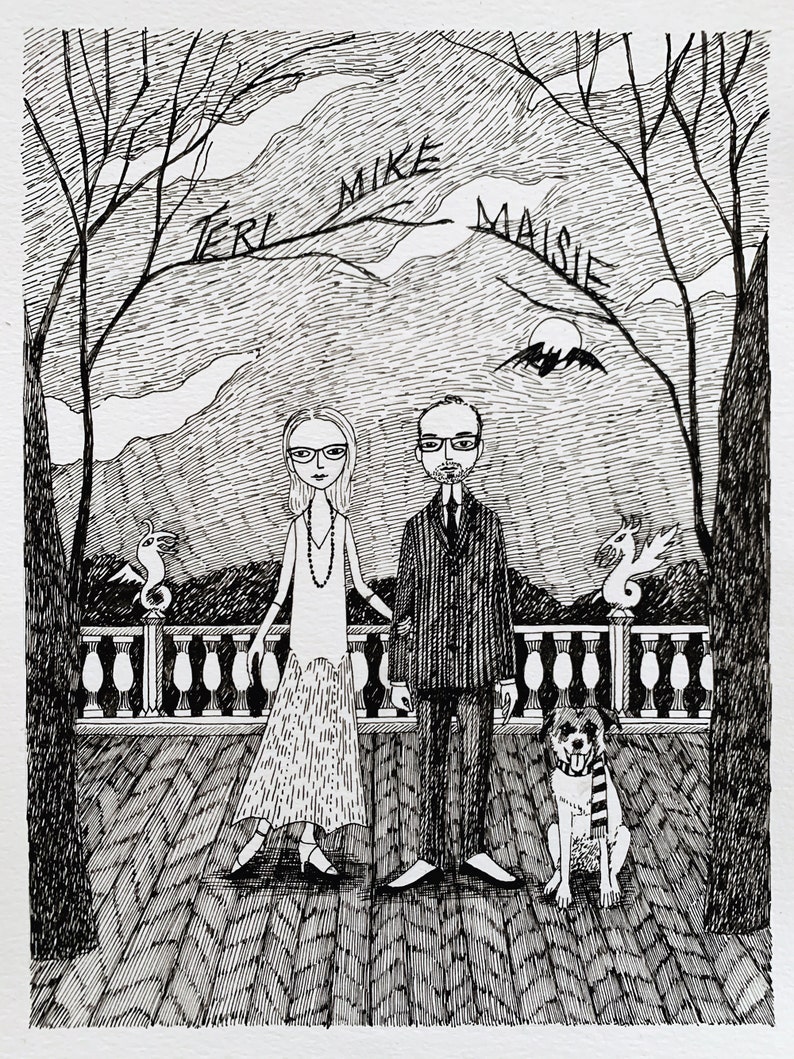 Custom Family Portrait, Ink Hand Drawn Portrait, Family Painting, Family Portrait, edward gorey, pen and ink, black and white 3 people/pets