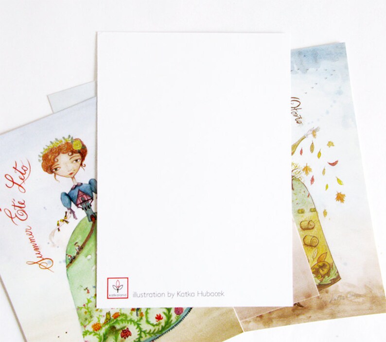 Postcard Woman Season, calligraphy, 4 languages, Fall, Summer, Spring, Winter, Princess, watercolor illustration image 3