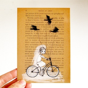 Garçon ou fille promenant des animaux de compagnie - Carte postale, illustration à l'aquarelle, oiseaux noirs, chauves-souris