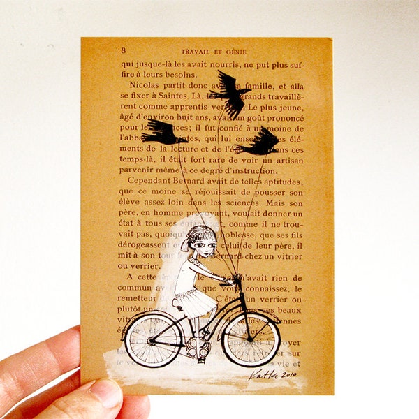 Boy or Girl Walking Pets - Postcard, watercolor illustration, Black Birds, Bats