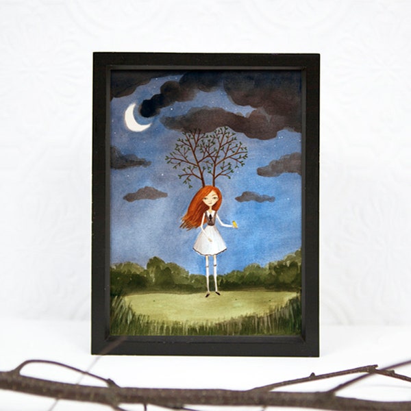 Art PRINT, Strange & lonely Red Headed Girl, Branches as Anters, Waiting for Birds, Fairy tale, Illustration, Watercolor Painting 5x7