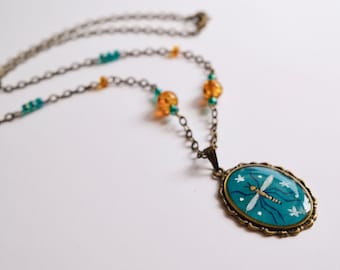 Mosquito pendant, hand painted illustration, necklace, plastic amber-like and turquoise beads, one of a kind