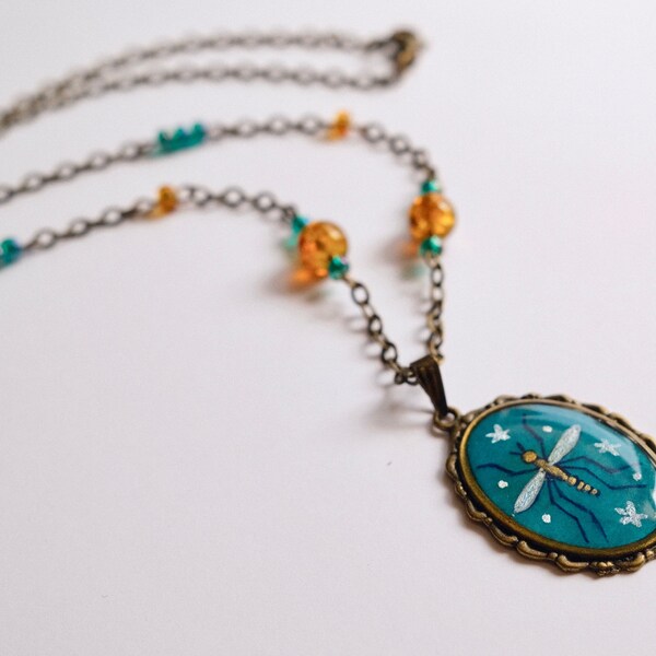 Mosquito pendant, hand painted illustration, necklace, plastic amber-like and turquoise beads, one of a kind