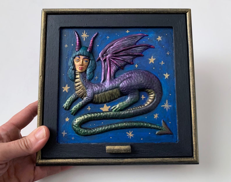 Jewelry Box, dragon woman, Starry night, painted box, treasure wood box, metallic beast, magical witch, mirror image 6