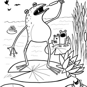 Singing Frog - Coloring page, print youself, instant download, kids of all ages, music lover, kid activity sheet