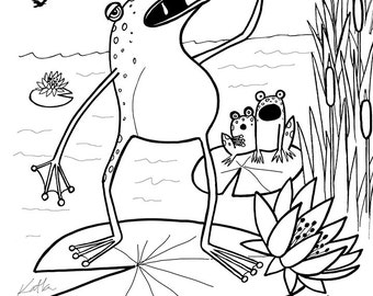 Singing Frog - Coloring page, print youself, instant download, kids of all ages, music lover, kid activity sheet