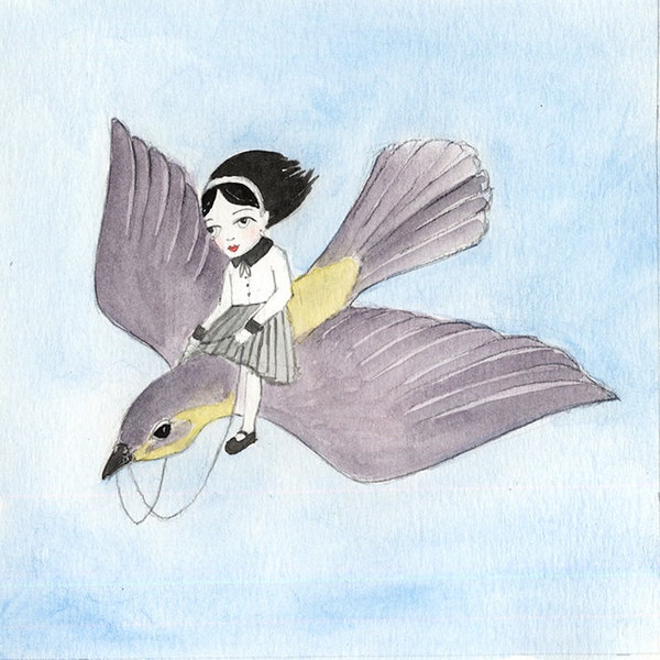Mini Girl Riding a Bird, Alice in Wonderland - Watercolor illustration 5x5