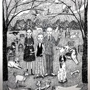 Custom Portrait with Custom Background, Hand Drawn, Family illustration, Portrait, edward gorey, pen and black ink, black and white image 5