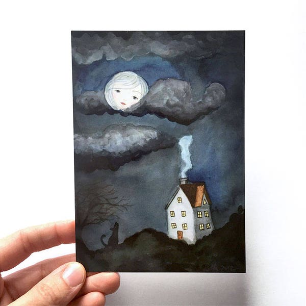 Dreamland - Postcard, watercolor illustration, dreaming of home, moon face, wolf howling, night sky, fairy tale world
