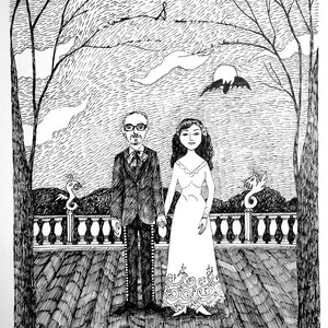 Custom Family Portrait, Ink Hand Drawn Portrait, Family Painting, Family Portrait, edward gorey, pen and ink, black and white 2 people/pets