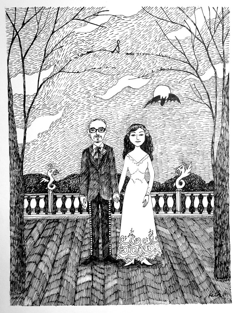 Custom Family Portrait, Ink Hand Drawn Portrait, Family Painting, Family Portrait, edward gorey, pen and ink, black and white 2 people/pets