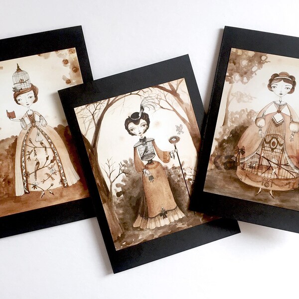 Set of 3 Victorian, Baroque, Steampunk Cards, Fashion Plates, illustration vintage look 5x7