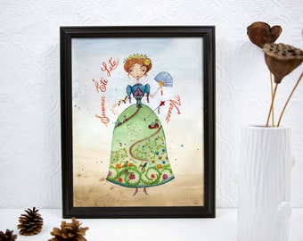 Summer Princess, Art Print, Watercolor Painting, 4 languages, Calligraphy 11x14