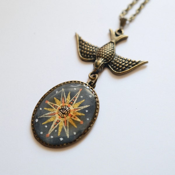 Star Compas hand painted Jewelry - illustration necklace, pendant with bird charms, grey, one of a kind