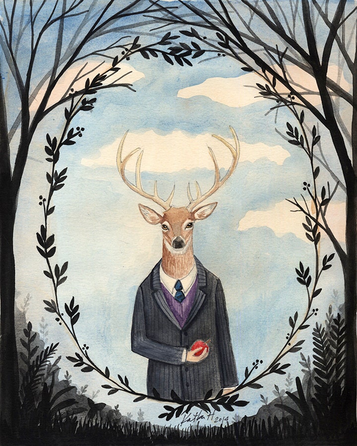 8x10 PRINT - Deer Man, Dark Trees, Leaf Framing, Art Illustration