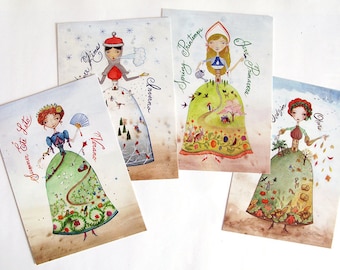 Postcards Set of 4 - Women 4 Seasons , calligraphy, 4 languages, Fall, Summer, Spring, Winter, Princess, watercolor illustration