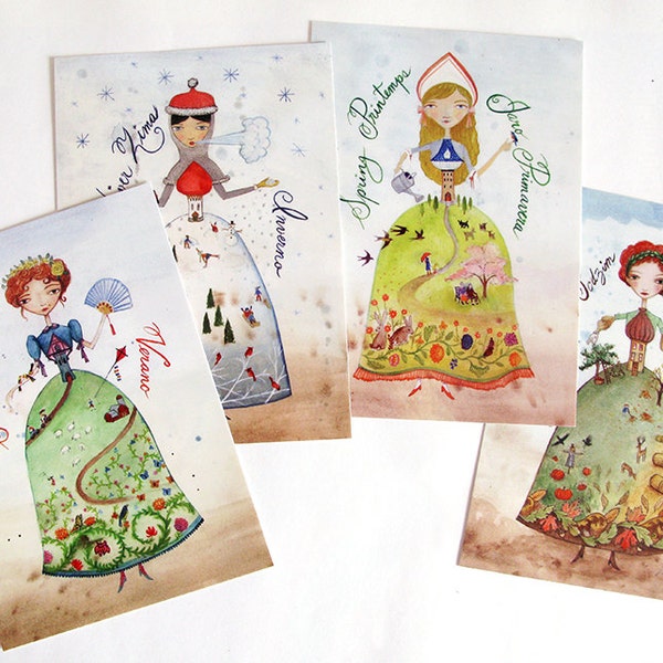 Postcards Set of 4 - Women 4 Seasons , calligraphy, 4 languages, Fall, Summer, Spring, Winter, Princess, watercolor illustration