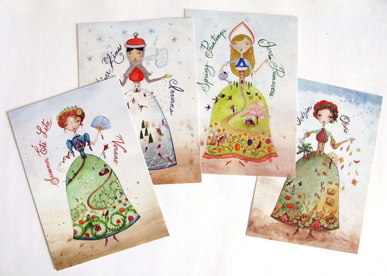 Postcard Woman Season, calligraphy, 4 languages, Fall, Summer, Spring, Winter, Princess, watercolor illustration image 5