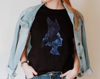 Raven t-shirt, starry night woman, Crow, trust your intuition tee, witchy magic, dark mysterious shirt USA