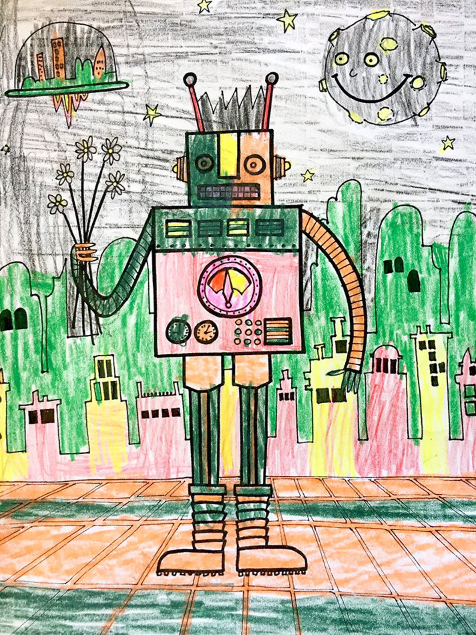 Coloring Book Page Robot Modern City Black and White | Etsy