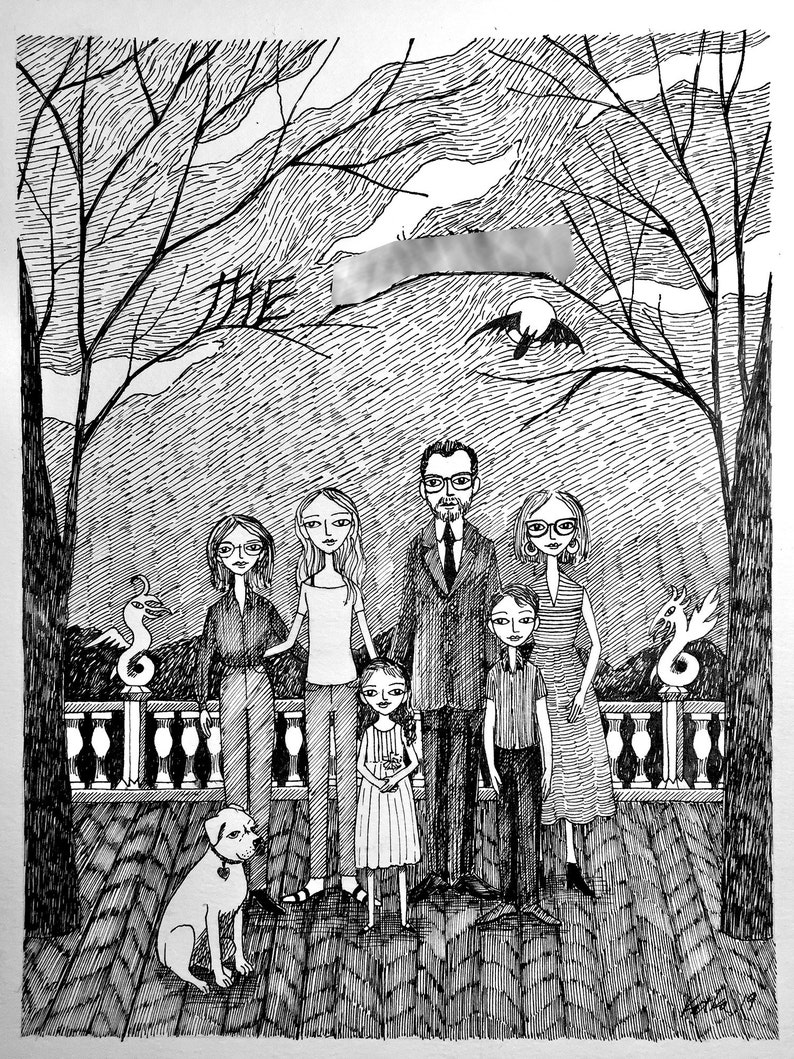 Custom Family Portrait, Ink Hand Drawn Portrait, Family Painting, Family Portrait, edward gorey, pen and ink, black and white 7 people/pets