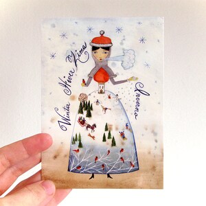 Carte postale - Femme Saison, calligraphie, 4 langues, automne, été, printemps, hiver, princesse, illustration aquarelle