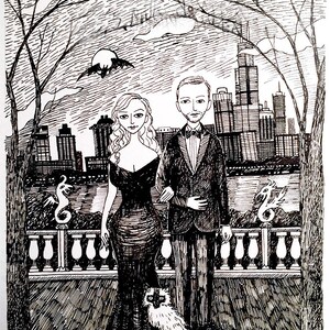 Custom Portrait with Custom Background, Hand Drawn, Family illustration, Portrait, edward gorey, pen and black ink, black and white 3 people/pets