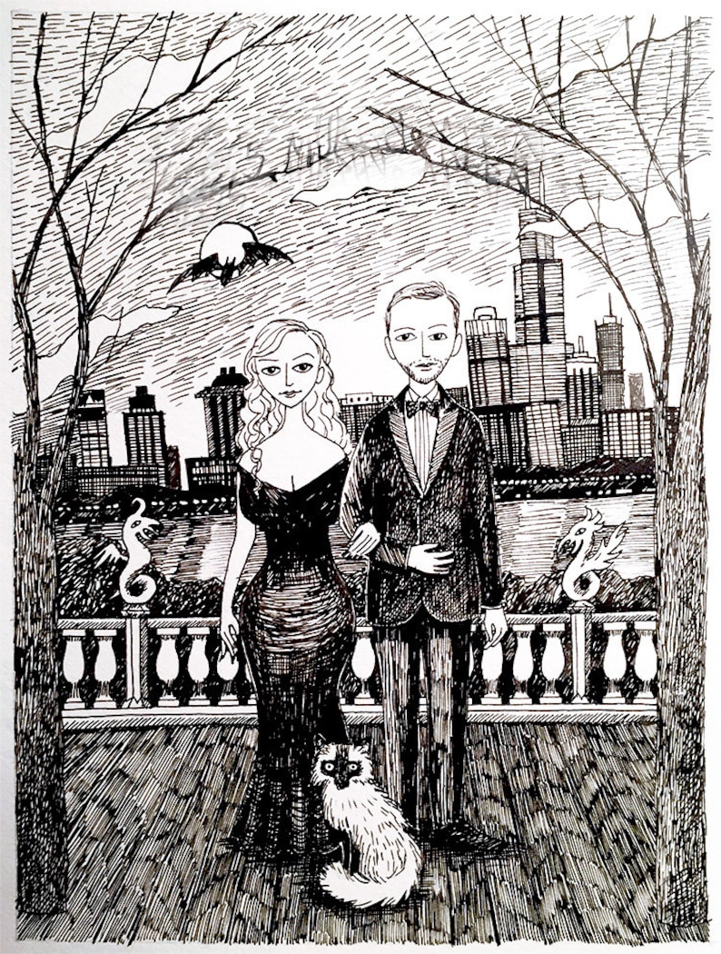 Custom Portrait with Custom Background, Hand Drawn, Family illustration, Portrait, edward gorey, pen and black ink, black and white 3 people/pets