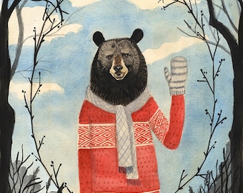 Bear Man - 8x10 PRINT, Old fashion Gentleman, Dark trees, Leaf Framing, Art Illustration, Watercolor Painting,