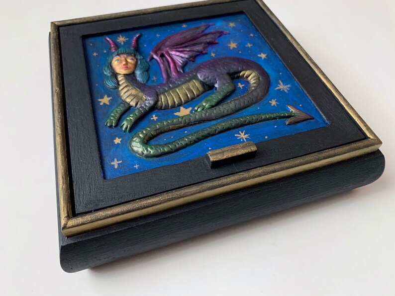 Jewelry Box, dragon woman, Starry night, painted box, treasure wood box, metallic beast, magical witch, mirror image 2