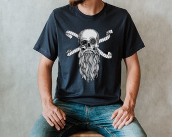 Skull and bones, film crew Tee, filmmaker tshirt, bearded man, motorcycle t-shirt