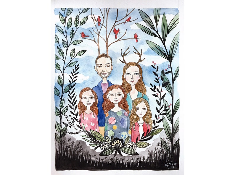 Custom Family Portrait, Watercolor Painting, Wedding Gift, Anniversary Present, Memory Keepsake, Loved ones, remember 5 people/pets