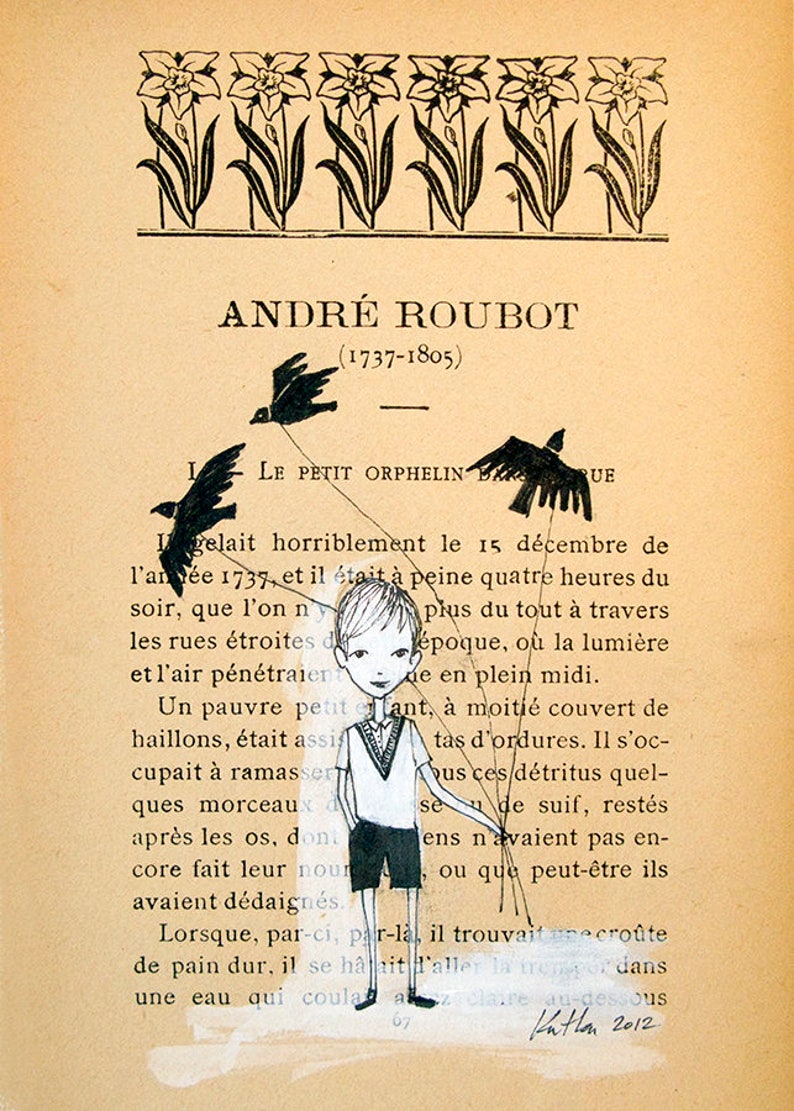 Boy Walking Birds Book Pages Illustration Pen and Paint Etsy