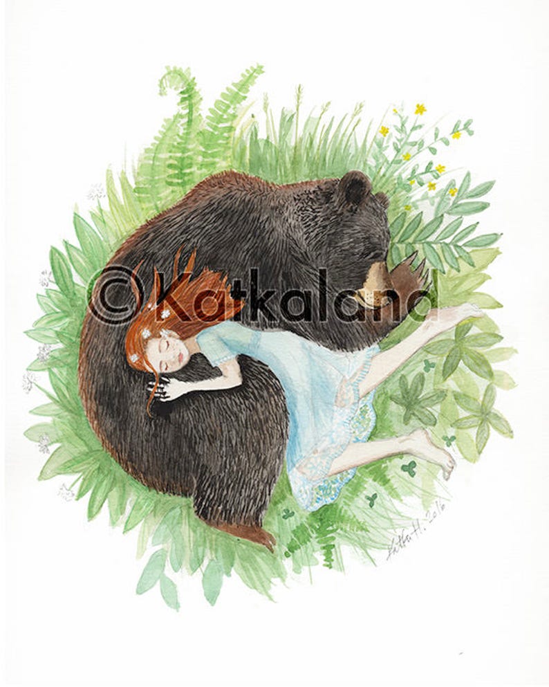 Red Head Girl and Black Bear, Sleeping Friends, Giclee art print, watercolor illustration, animal napping, 8x10 image 4