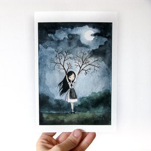 PRINT 5x7 Girl with Branches Lonely Fairytale Art Print, Watercolor illustration, night, dark, gloomy image 2