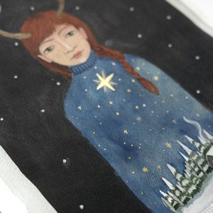 Original gauche and watercolor painting, Christmas sweater, deer deer, redhead, winter image 6