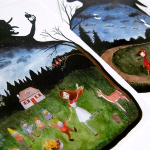 Fairy Tale 2 Postcards set, watercolor illustration, Little Red Riding Hood, Snow White, Witch, Wolf image 4