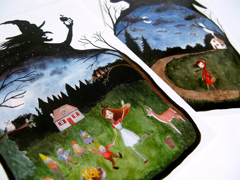 Fairy Tale 2 Postcards set, watercolor illustration, Little Red Riding Hood, Snow White, Witch, Wolf image 4