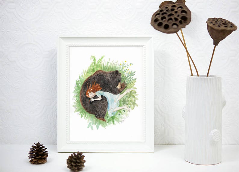 Red Head Girl and Black Bear, Sleeping Friends, Giclee art print, watercolor illustration, animal napping, 8x10 image 2