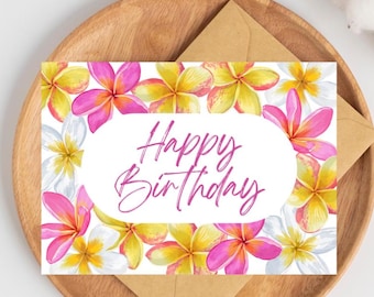 Tropical Birthday Pink White Yellow Hawaiian Plumeria Flowers Summer Beach Birthday Cute Birthday Greeting Card 5x7