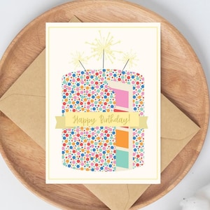 Layered Birthday Cake Multi-Colored with Gold Sparklers Special Unique Slice of Cake Birthday Print Greeting Card 5x7