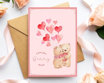 I Love You Beary Much Adorable Teddy Bear Heart Balloons Cute Anniversary Valentines Gift Original Design 5x7 Folded Greeting Print Card