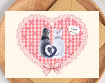 Romantic Cat Couple Lovers Valentine’s Anniversary Love Romance Cute Simple Cat Heart Print Greeting Card