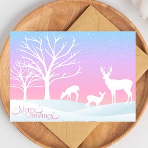 Merry Christmas Winter Forest Sunrise with Tree and Reindeer Family Silhouettes Illustration Pink Blue Beautiful Holiday Print Card 5x7