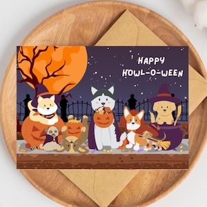 Halloween Dog Card Happy Howl-o-Ween Cute Dogs Trick or Treating Costumes Happy Halloween Greeting Card 5x7