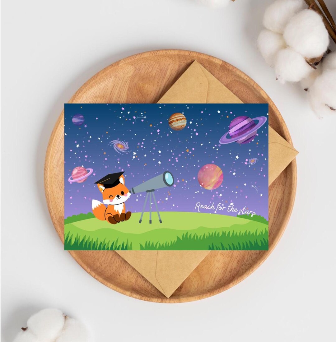Graduation Card Reach for the Stars Fox With Telescope & Starry Sky ...